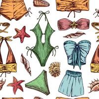 hand drawn colored seamless pattern with beachwear and seashells in vintage style vector