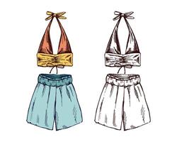 Hand drawn colored and monochrome sketch of summer outfit set with halter top and wide-leg shorts in vintage style vector