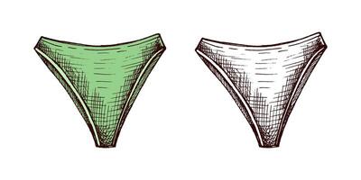 Hand drawn colored and monochrome sketch of high-cut bikini bottom in vintage style vector