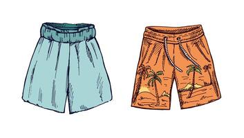 Hand drawn colored sketch of beach shorts with tropical pattern vector