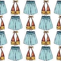 hand drawn colored seamless pattern with summer top and shorts in vintage style vector