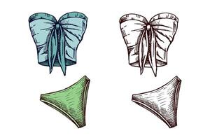 Hand drawn colored and monochrome sketch of strapless bikini set with bow detail in vintage style vector