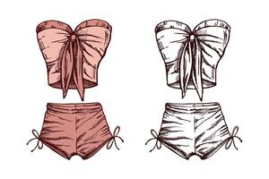 Hand drawn colored and monochrome sketch of two-piece beachwear set with strapless top and tied shorts in vintage style vector