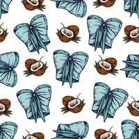 hand drawn colored seamless pattern with bikini top and coconut on white background vector