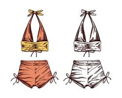 Hand drawn colored and monochrome sketch of two-piece beachwear set with halter top and tied shorts in vintage style vector
