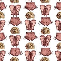 hand drawn colored seamless pattern with summer outfits and seashells in vintage style vector