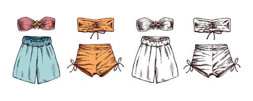 Hand drawn colored and monochrome sketch of summer swimwear set with shorts and bikini tops vector