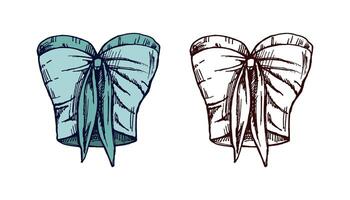 Hand drawn colored and monochrome sketch of strapless bikini top with bow in vintage style vector