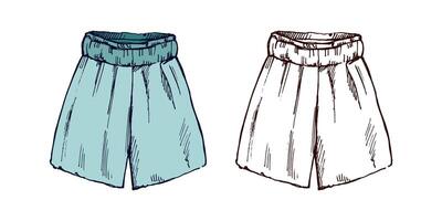 Hand drawn colored and monochrome sketch of loose beach shorts with elastic waistband in vintage style vector