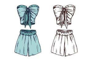 Hand drawn colored and monochrome sketch of summer outfit set with strapless top and wide-leg shorts in vintage style vector
