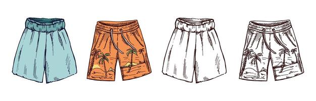 Hand drawn colored and monochrome sketch of beach shorts with tropical pattern vector