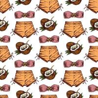 hand drawn colored seamless pattern with bikini shorts, bandeau top and coconut in vintage style vector