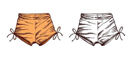 Hand drawn colored and monochrome sketch of tied beach shorts in vintage style vector