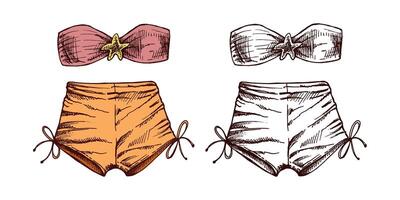 Colored and monochrome sketch of two-piece beachwear set with bandeau top and tied shorts in vintage style vector