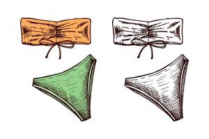 Hand drawn colored and monochrome sketch of bandeau bikini set with bow detail in vintage style vector