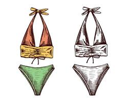 Hand drawn colored and monochrome sketch of halter bikini set with bow details in vintage style vector