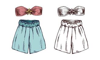 Hand drawn colored and monochrome sketch of summer outfit set with bandeau top and wide-leg shorts in vintage style vector
