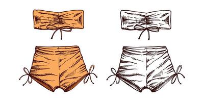 Hand-drawn colored and monochrome sketch of two-piece beachwear set with bandeau top and tied shorts in vintage style vector