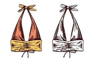 Hand drawn colored and monochrome sketch of halter bikini top with bows in vintage style vector