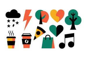 Vibrant Colorful Abstract Icons Set Background art bag flat cute bold tree rain vector