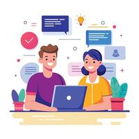 a couple worker with they computer, discussing about work together at office. Job discussion concept. vector