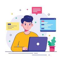 Young man working on laptop computer. vector