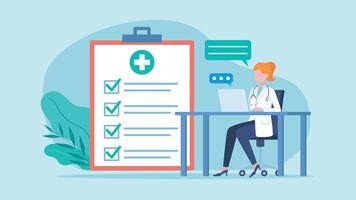 A female doctor working at a computer and having an online conversation with a patient. Next to the doctor is a checklist with test results. There is a speech bubble next to the doctor's head. vector