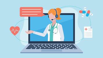 Laptop screen with a doctor, chatting with a patient. The character is wearing a headset and there is a speech bubble next to it. Around the laptop are icons of a heart, tablets and a medical document vector