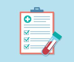 Medical questionnaire with blood test results. There is an ampoule of blood next to the checklist. Graphics in flat style. vector