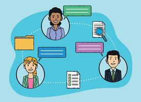 Hand-drawn graphic of employees chatting online and sending files, checklists and folders with data. The characters have speech bubbles next to them. Doodle style graphic. vector