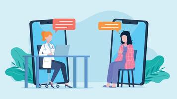 Teleconsultation with a doctor. The doctor and patient are on the phone screen. There are speech bubbles next to the characters. The doctor is sitting at a desk and the patient is sitting on a chair. vector