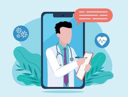 Teleconsultation with a doctor. On the mobile phone screen there is a doctor filling out a medical document. Next to the doctor there is a speech bubble and icons of a heart and a virus. vector