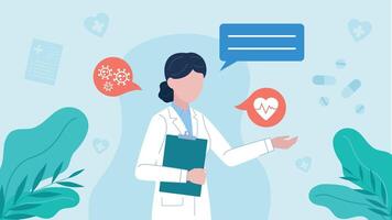 Doctor giving a presentation. The character has a speech bubble and a heart and virus icon. Flat style illustration. vector