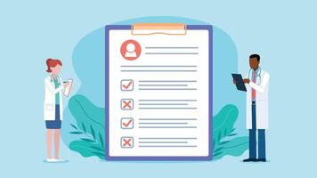 Doctors standing by medical checklist. Checklist for good and bad results. Doctors hold notebook and tablet in hands. Graphics in flat style. vector