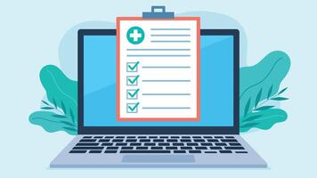 Medical questionnaire on laptop screen. All checklist checkmarks are marked positively. Graphics in flat style. vector