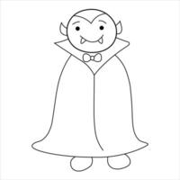 Simple black and white doodle illustration of a cartoon vampire in a cape. Count Dracula is depicted in a minimalist outline style. vector