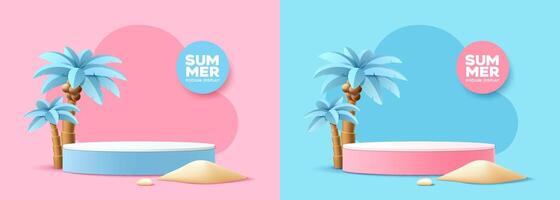 Summer podium display, coconut tree, light blue and pink two collections design background vector