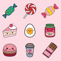 Kawaii Food Icon Set with Sweets Snacks and Drinks Set vector