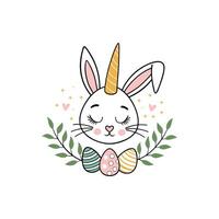 Easter Bunny Unicorn with Colorful Eggs and Leaves Cute Spring Illustration vector