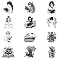 Artistic Collection of Book Lover and Librarian Reading Illustrations vector