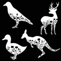 Set of Animals floral illustration, Deer, Kangaroo, Duck with flower Design black and white vector