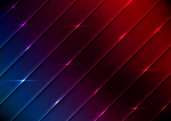 Futuristic abstract background with diagonal neon light metallic surfaces transitioning from deep blue to red hues, glowing reflections, cyberpunk aesthetic, illustration