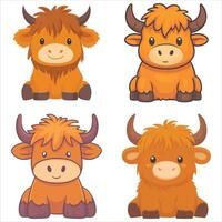Sweet Highland Cow Baby Sitting in Kawaii Style bundle vector
