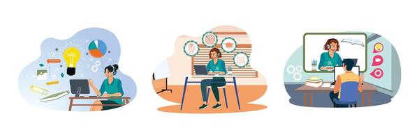 A woman wears a headset and listens to a tutor, writing down information in a notebook. vector