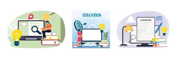 Illustration depicting the concept of online learning from home using a laptop and books. vector