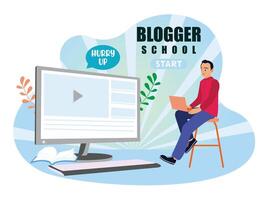A man uses a laptop and takes part in a blogger school program. vector
