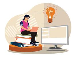 A smart, trendy and skilled girl who is studying at home using a laptop. vector