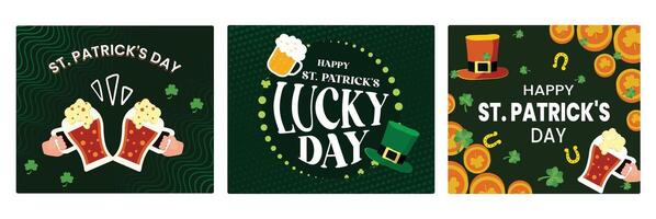 St. Patrick's Day Celebration Patrick with a Shamrock, a coin, a leprechaun hat, and a glass of beer vector
