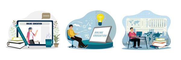 The concept of online education. Laptops as an e-learning idea. vector