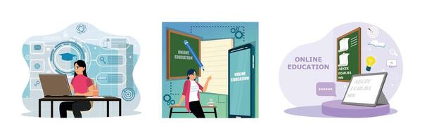 E learning education, internet lessons and online webinars. vector